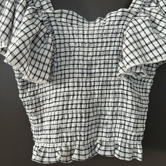 Maeve Crinkle Gingham Smocked Top Black and White Ruffled Blouse Size XS - Picture 7 of 8